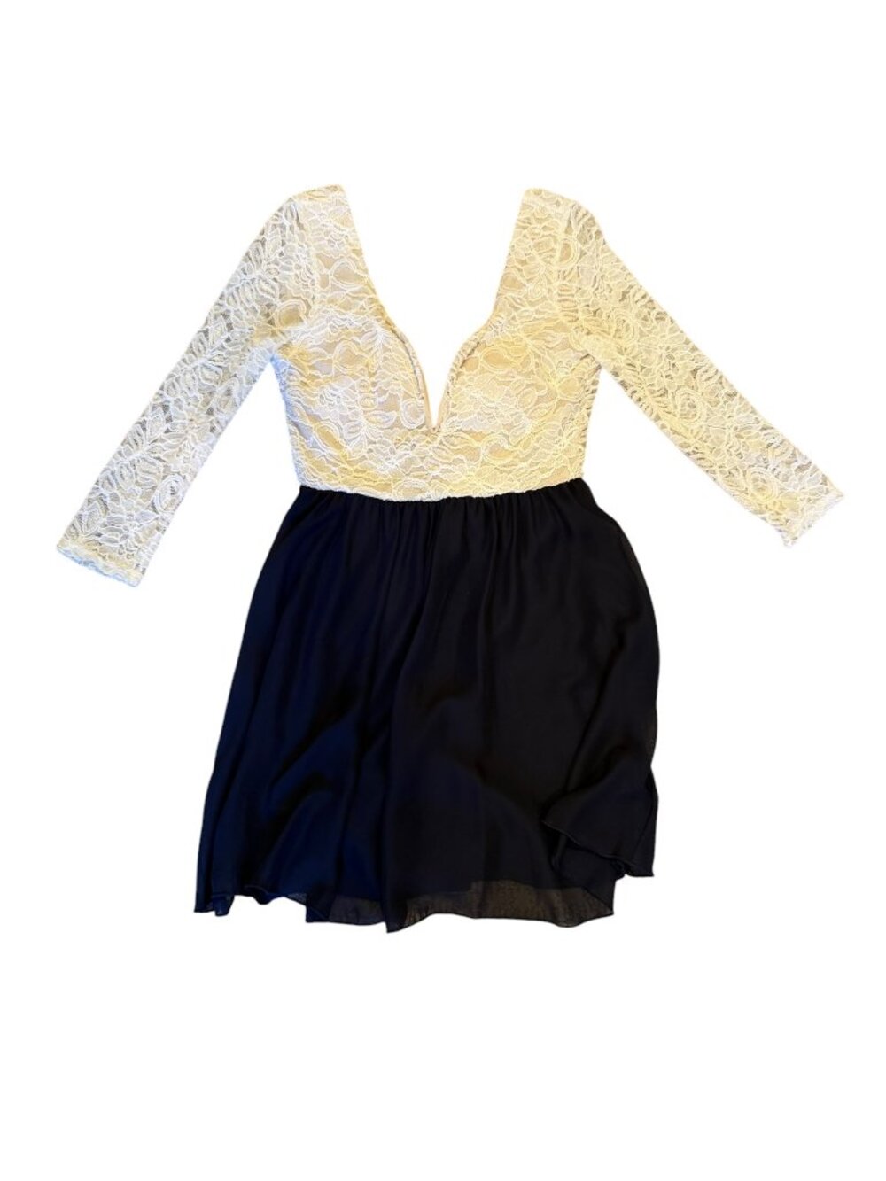 Lace Bodice Chiffon Dress – Ivory & Navy | Size Small | Built-In Padding